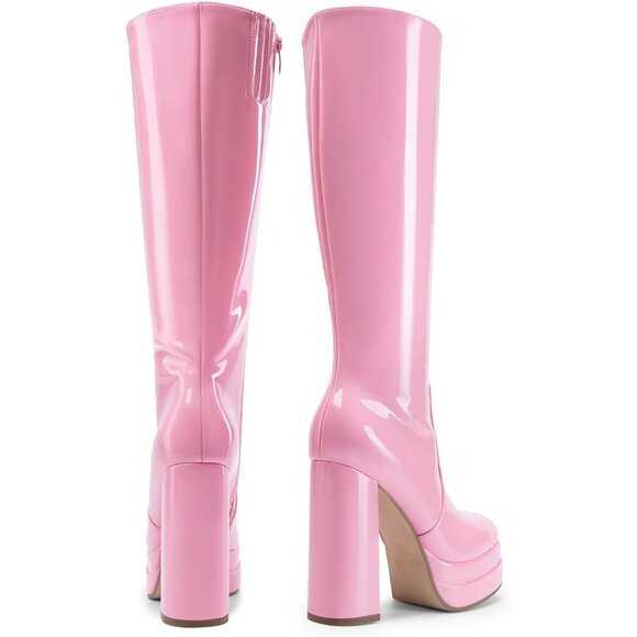 ⚡Women's Pink Faux Leather Platform Heeled Knee High Long Chunky Tall Boot - Picture 3 of 7